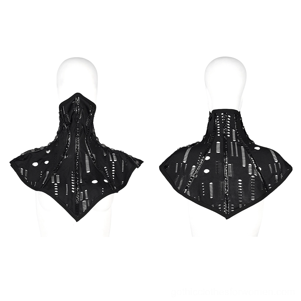 Black gothic face mask collar displayed on white mannequins showing cutout hole details and glossy trim accents