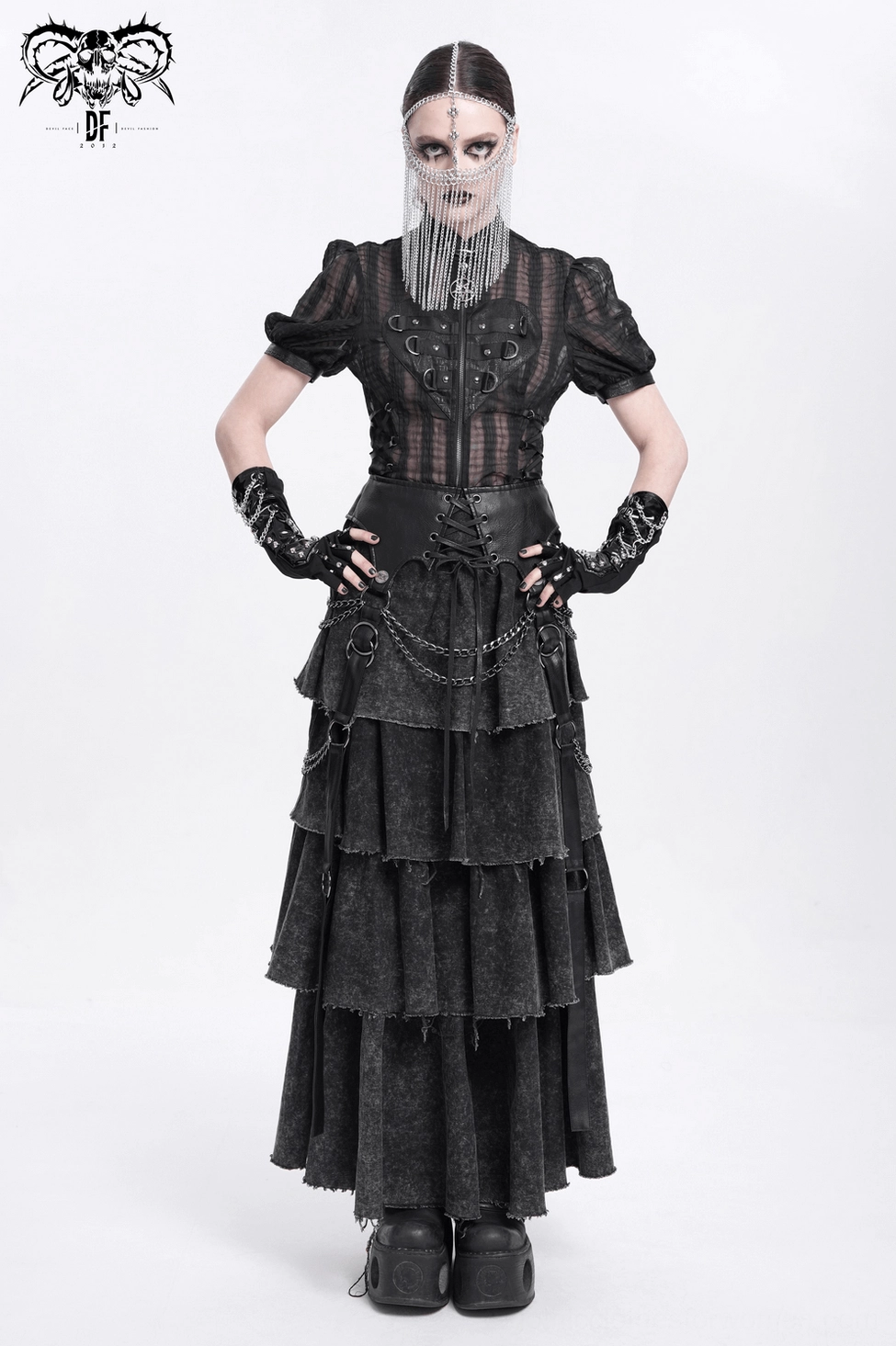 Full front view of silver chain gothic face veil headpiece on model displaying complete chain tassel effect