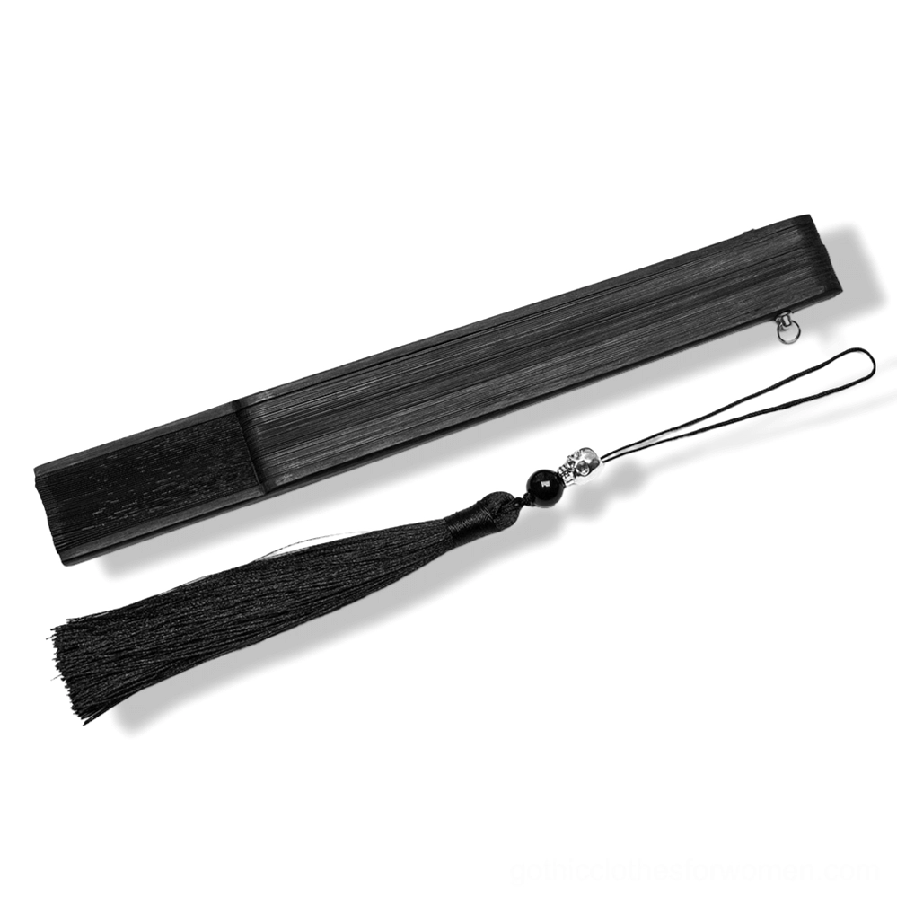 Gothic hand fan storage case and beaded skull tassel accessory detail, matte black finish product display