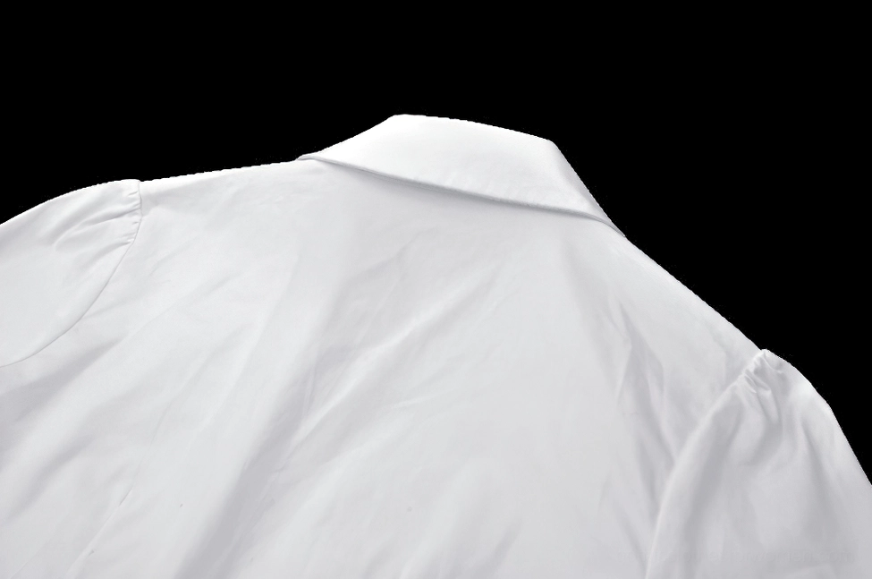 Gothic fashion white ruffled blouse showcasing pointed collar and curved hem with slim fit silhouette
