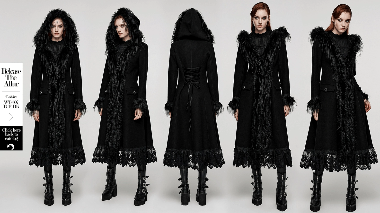 Complete view of gothic faux cashmere winter coat with all decorative elements
