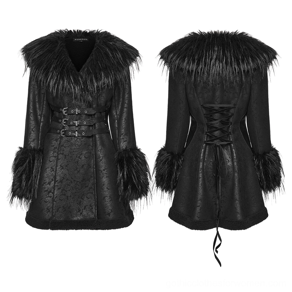 Gothic faux fur coat flat lay showing front and back design, shaggy fur trimming, corset ribbon lacing, and metal buckle details