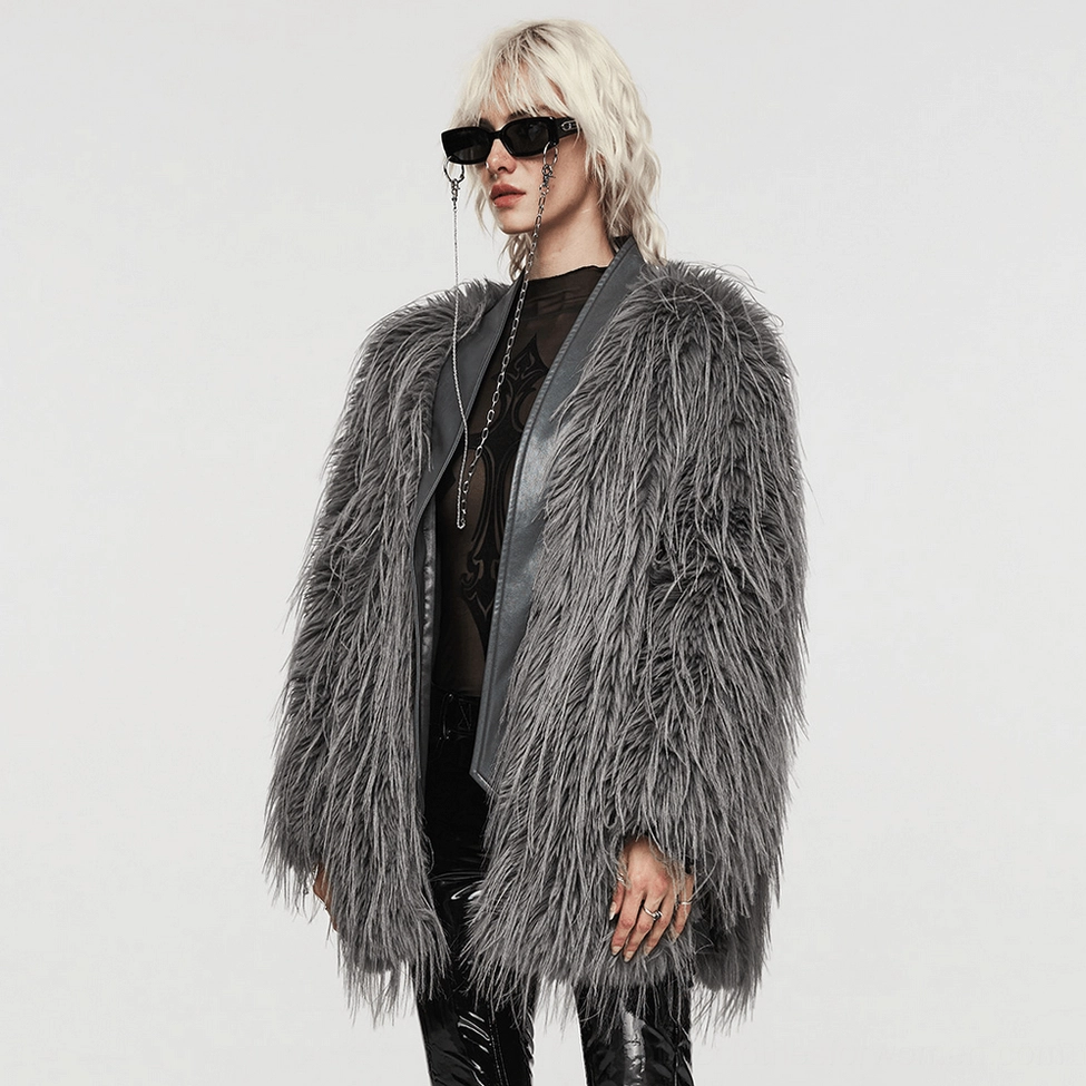 Rear full body view of model wearing staggered hemline faux fur gothic jacket in grey