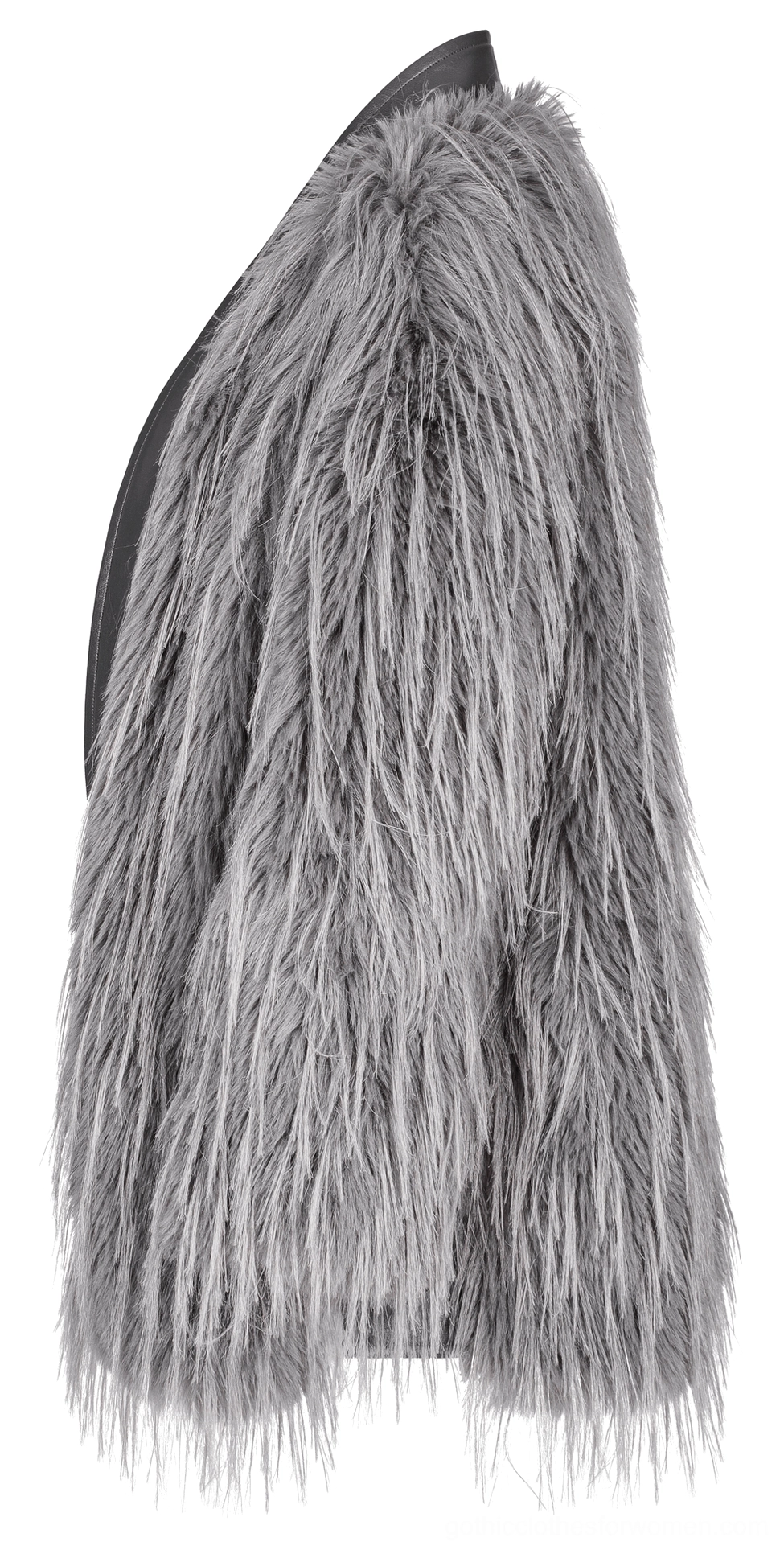 Side profile view of staggered hemline faux fur gothic coat showing textured layered design