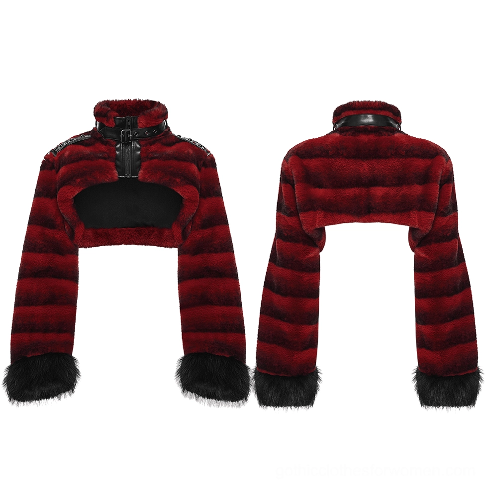 flat lay product display of gothic faux fur cropped jacket showing front and back with black fur cuffs