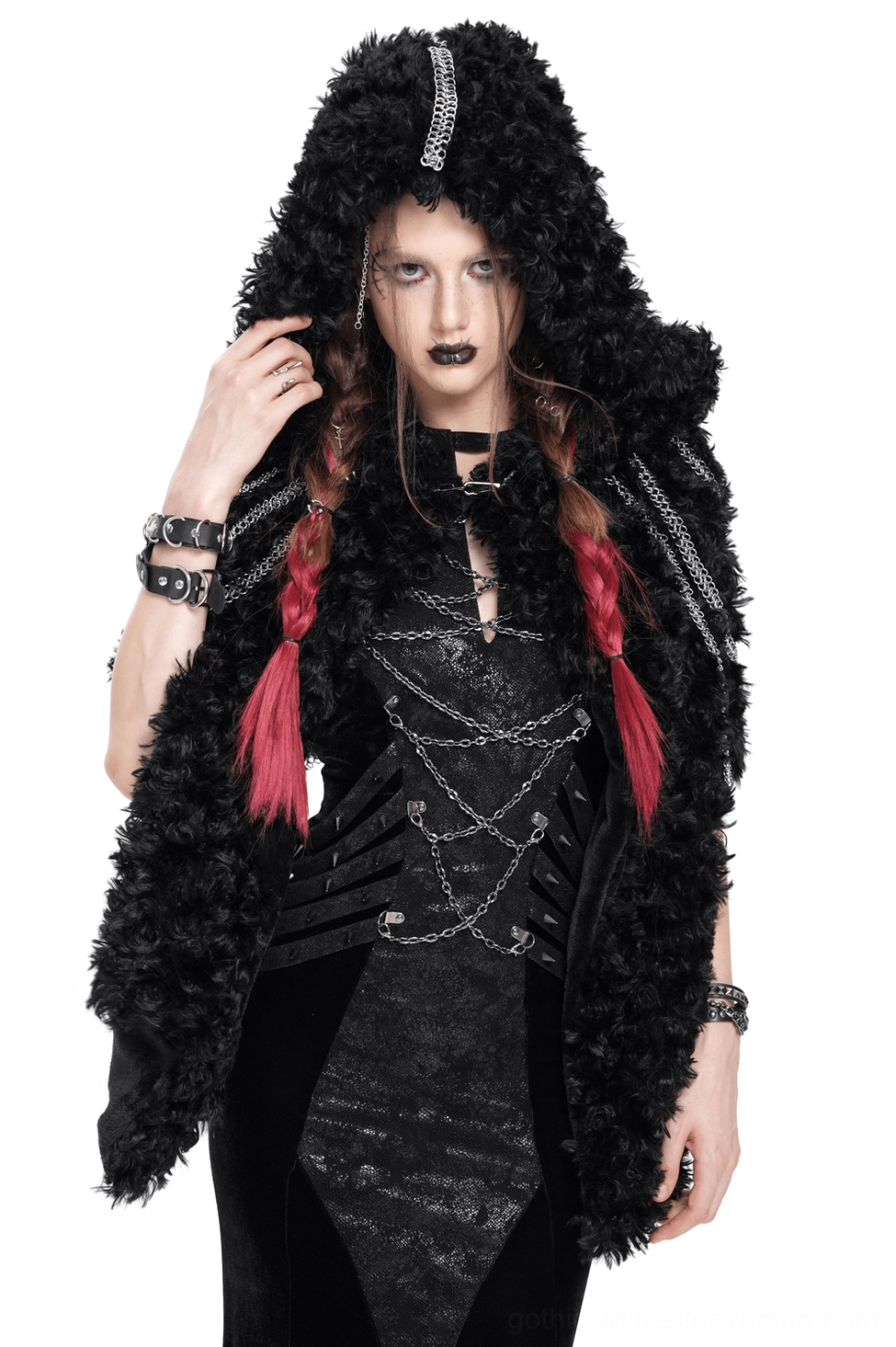 Black faux fur hooded cape with silver chains, front view on female model with red braids