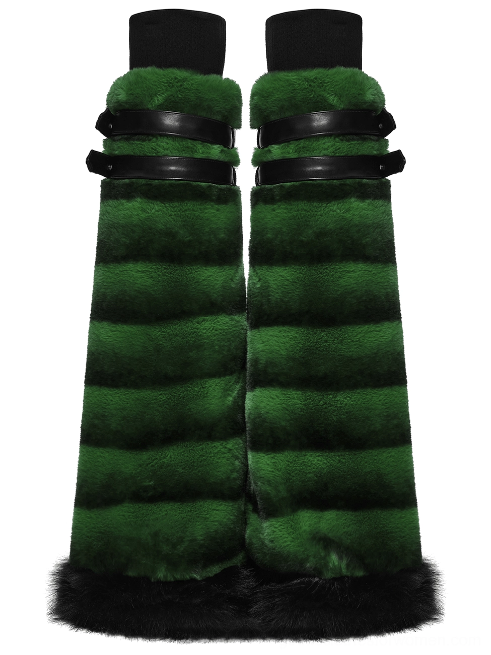 Two gothic leg warmers with black ribbed cuffs and buckle closures, flat lay front view