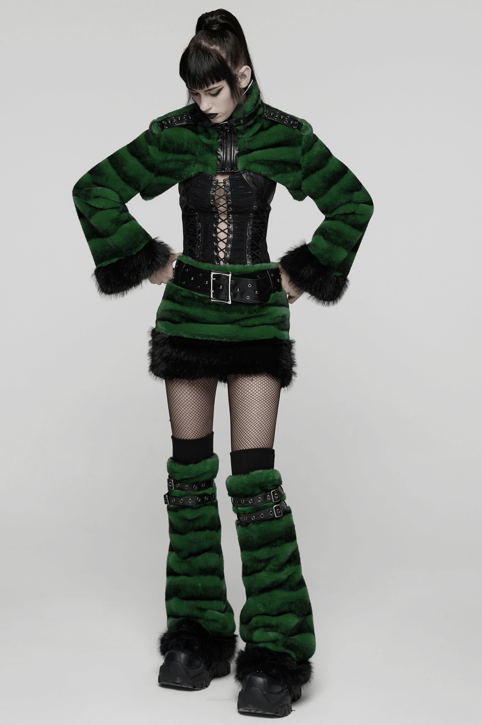 Eco-friendly faux fur gothic leg warmers perfect for raves, festivals, and alternative wear