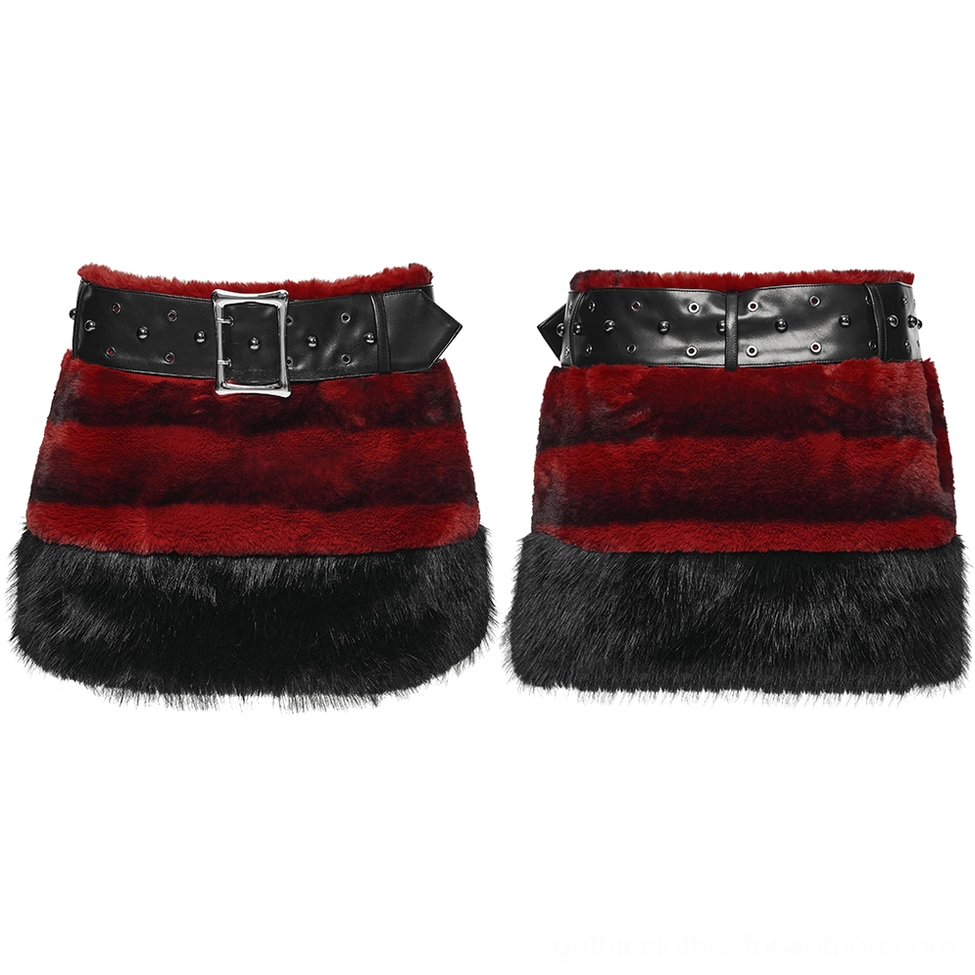 Flat lay comparison of red faux fur gothic skirts with basic buckle belt and fully studded leather waistband variants