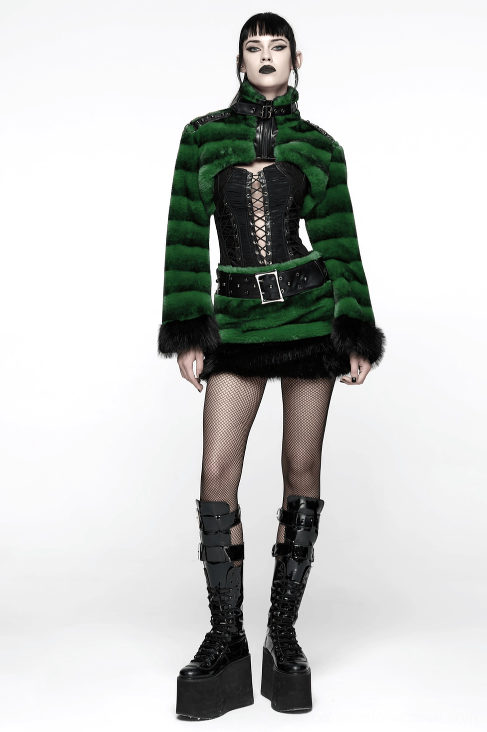 Black and green faux fur gothic mini skirt size range display - XS to 4XL sizing