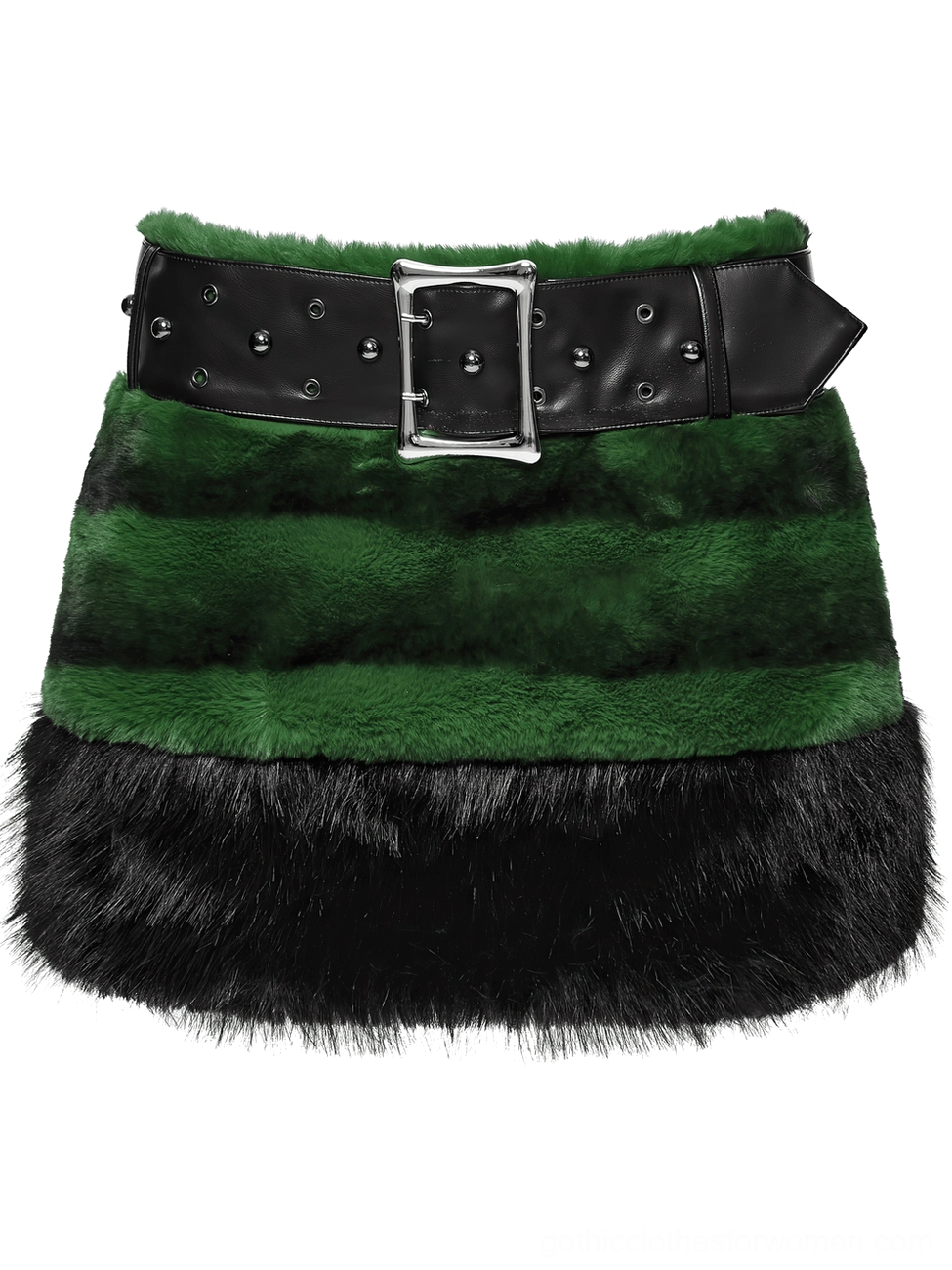 Black and green faux fur gothic mini skirt with square metal buckle belt - flat lay detail view