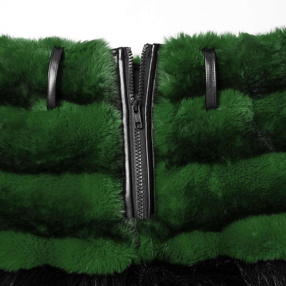 Black and green faux fur gothic mini skirt center metal zipper closure detail close-up