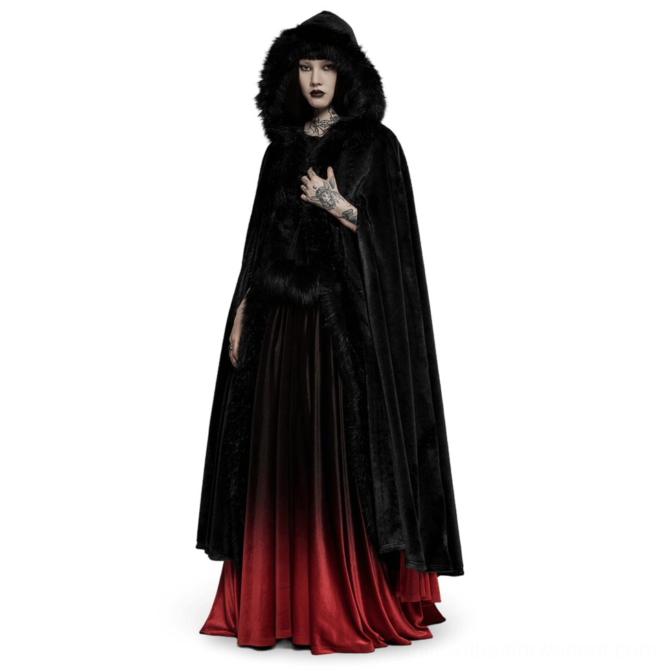 Black velvet Gothic faux fur long cloak with hooded design front three-quarter view