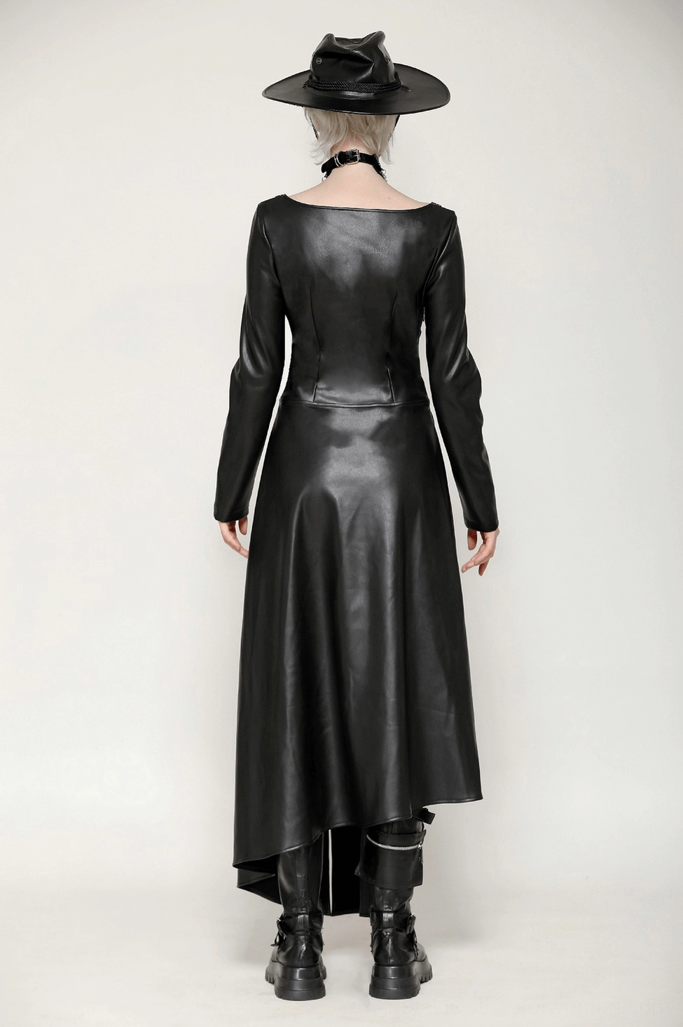 Black faux leather gothic maxi dress alternative fashion styling complete look