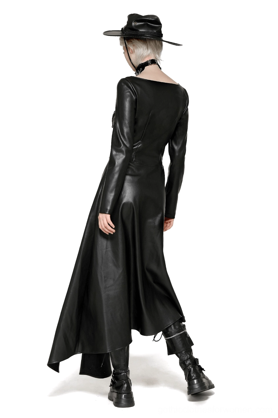 Black gothic faux leather maxi dress back view showing fitted sleeves and asymmetrical hemline