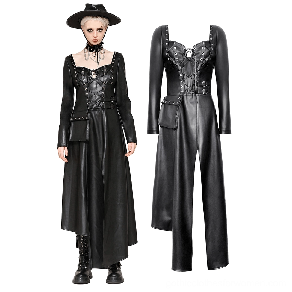 Black faux leather gothic dress with heart neckline and side pocket detail on model