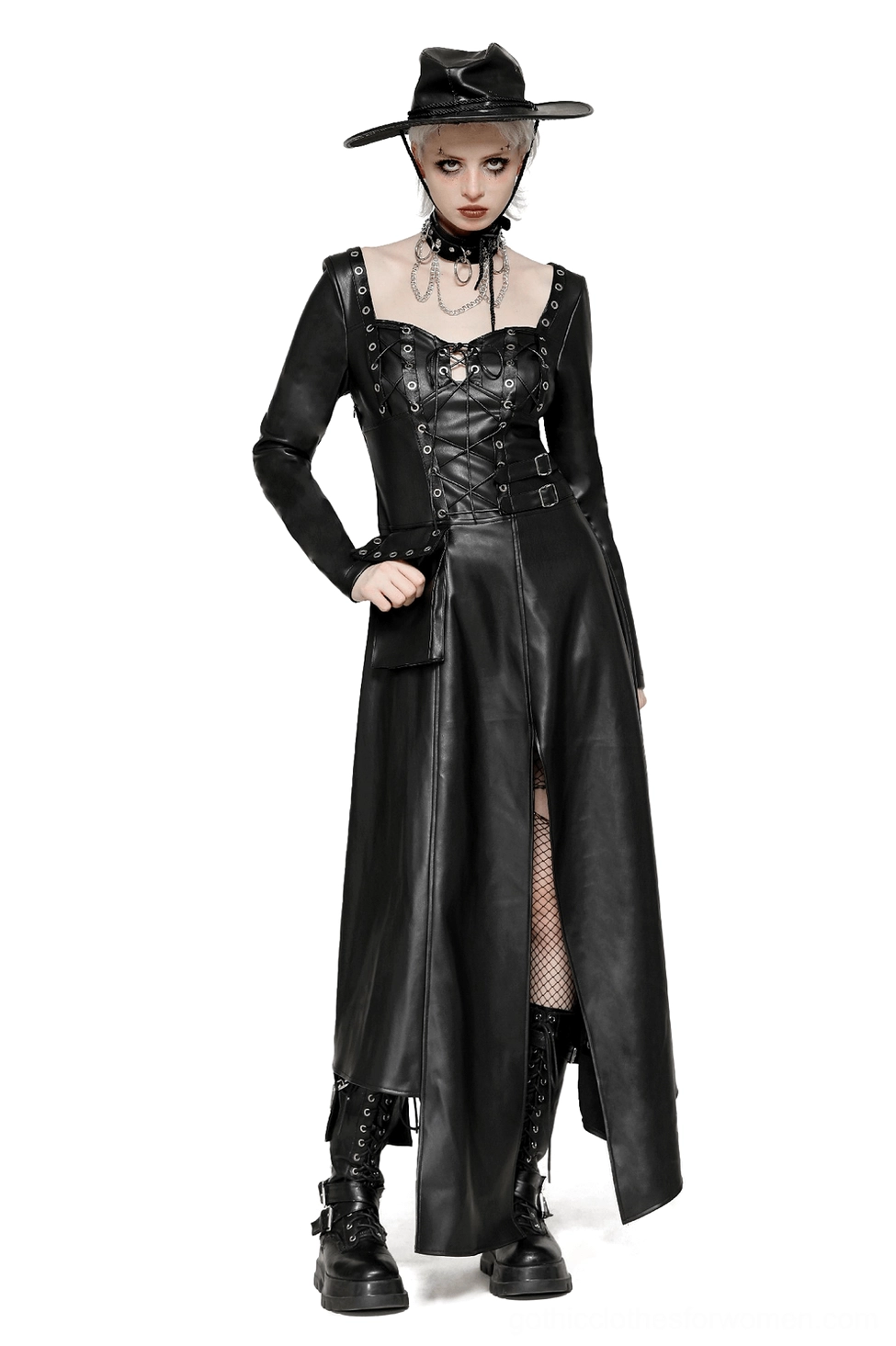 Black faux leather gothic maxi dress with lace-up harness front view on model with cowboy hat