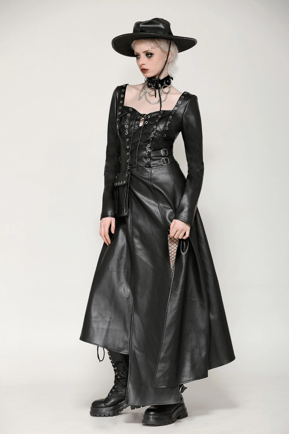 Black faux leather gothic dress worn styling showing full silhouette and attitude