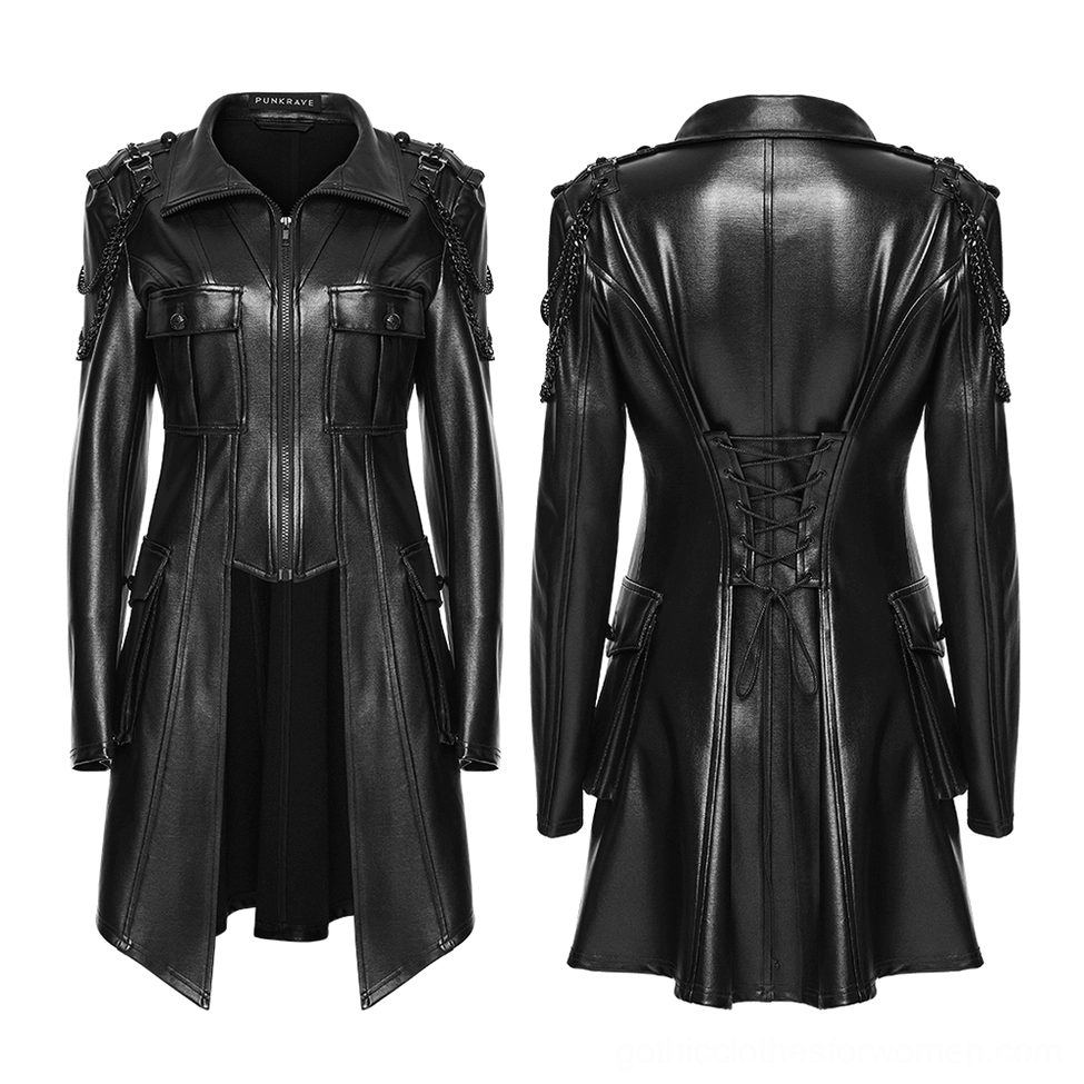 Black gothic faux leather jacket flat lay front and back display showing full silhouette and chain hardware