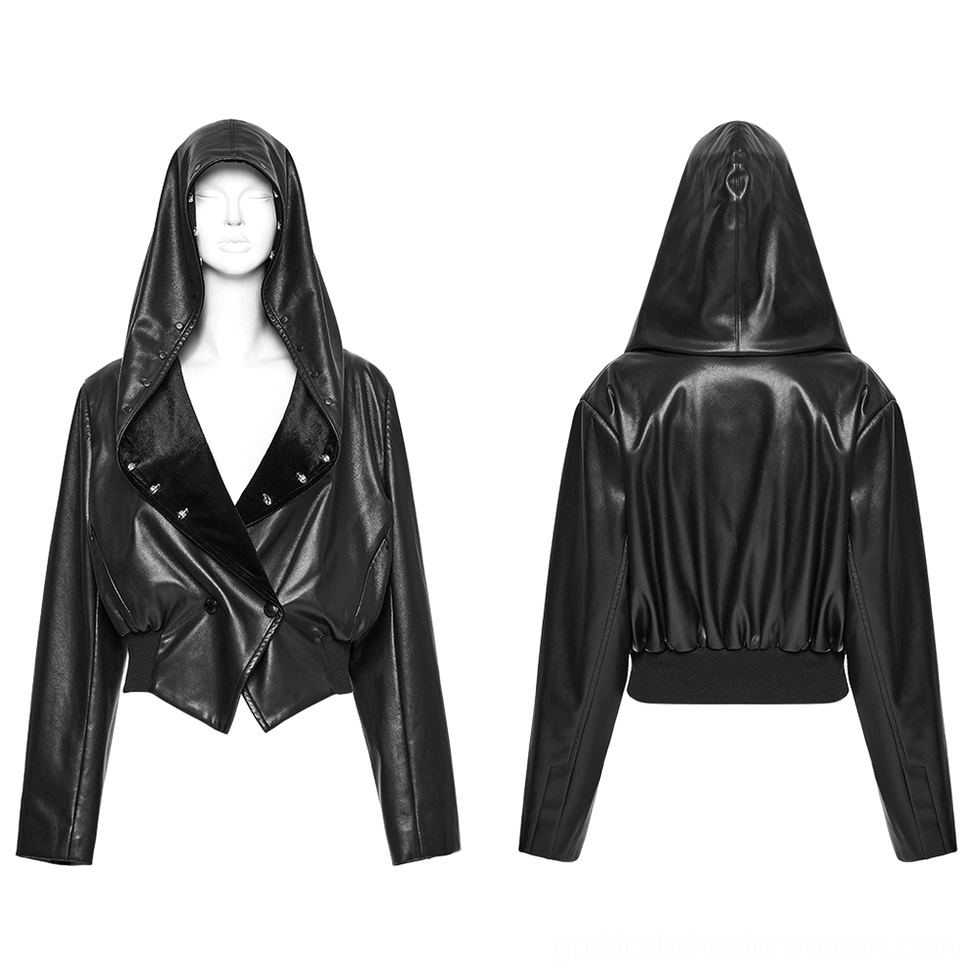 Dual front and back view of gothic cropped faux leather jacket on mannequin - velvet collar studded hood trim