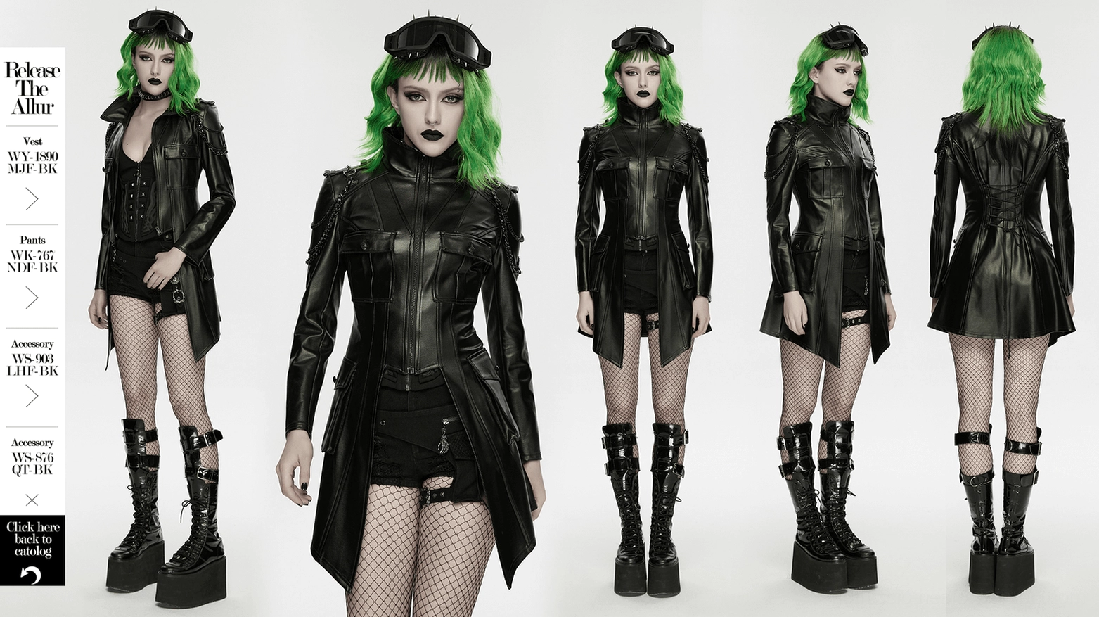 Black gothic faux leather jacket multiple angles showcasing chain ornaments and corset-back styling