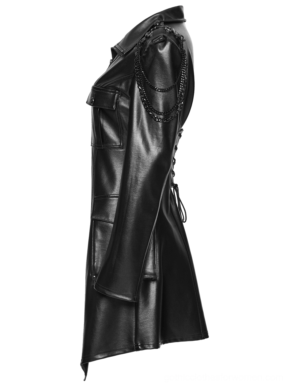 Black faux leather gothic jacket side profile showing lace-up detail and curved hem with chain ornaments