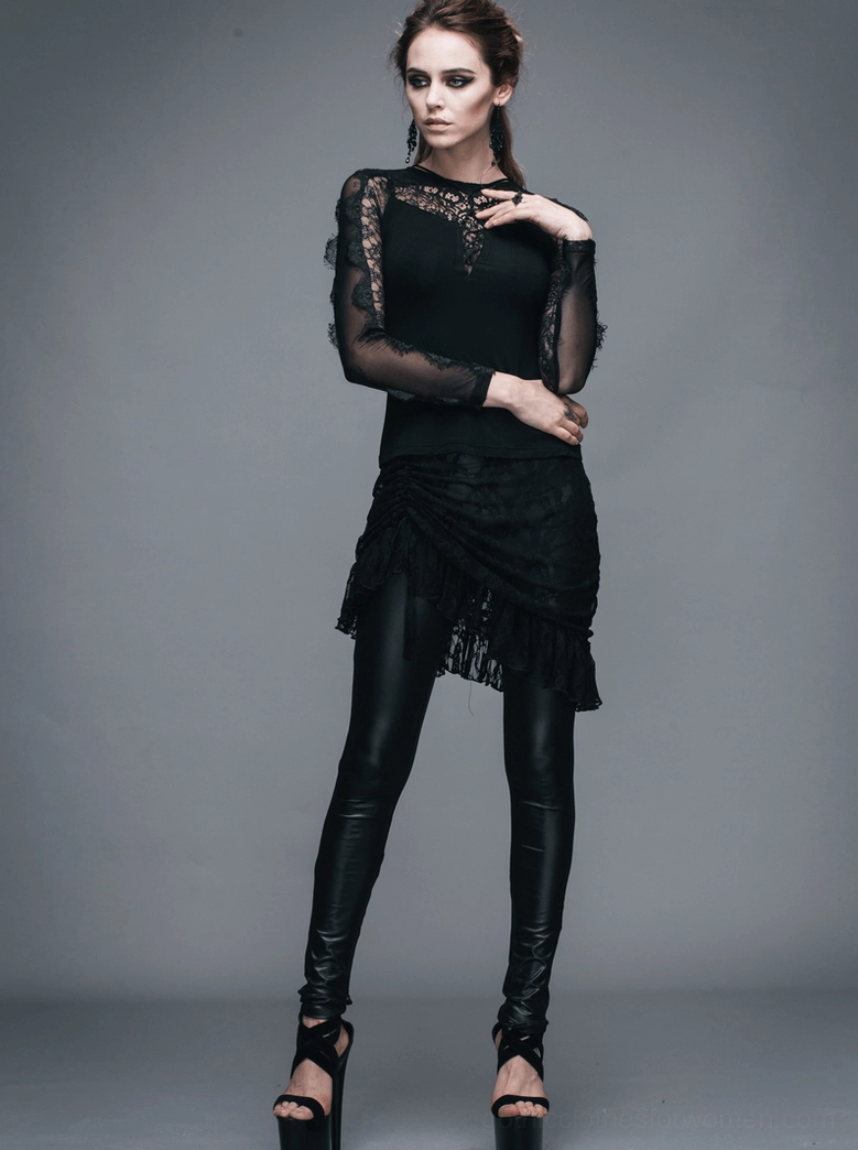 Black gothic faux leather leggings with ruffled lace overlay, rear detail view of adjustable skirt construction