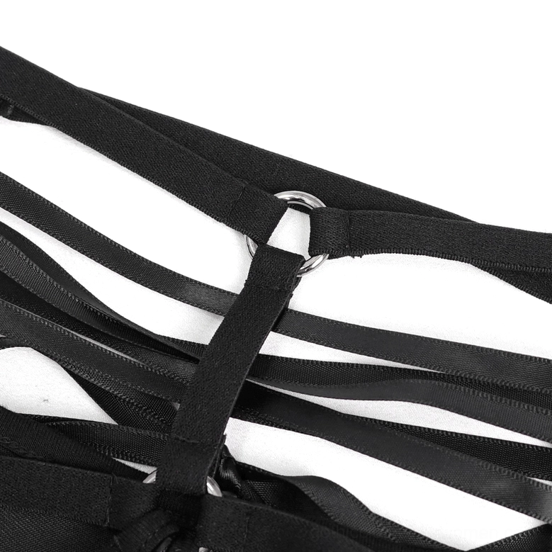 Black faux leather gothic lingerie set full ensemble rear view on mannequin displaying complete back construction design
