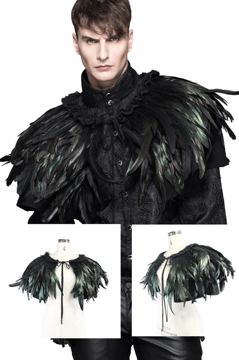 Female model wearing gothic crow feather shoulder cape with ruffled lace collar in dark studio setting