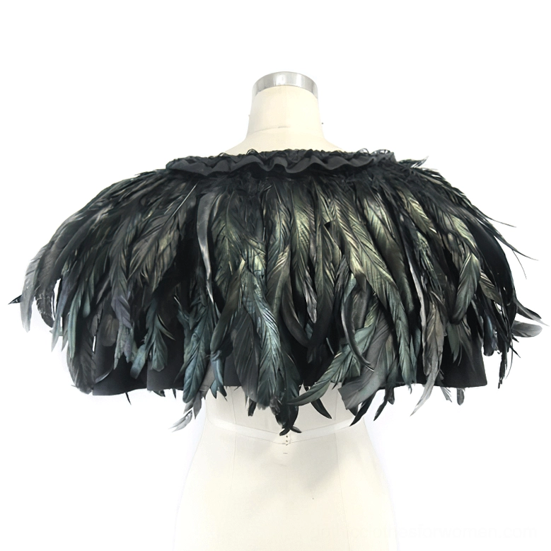 Gothic shoulder cape dress form display showing dense fluffy black-green iridescent feathers side view