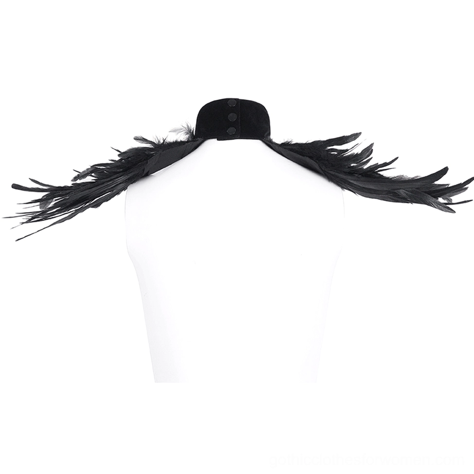 Back view of gothic feather choker collar on mannequin showing black velvet neckband, structured feather shoulder pads, and clean back design