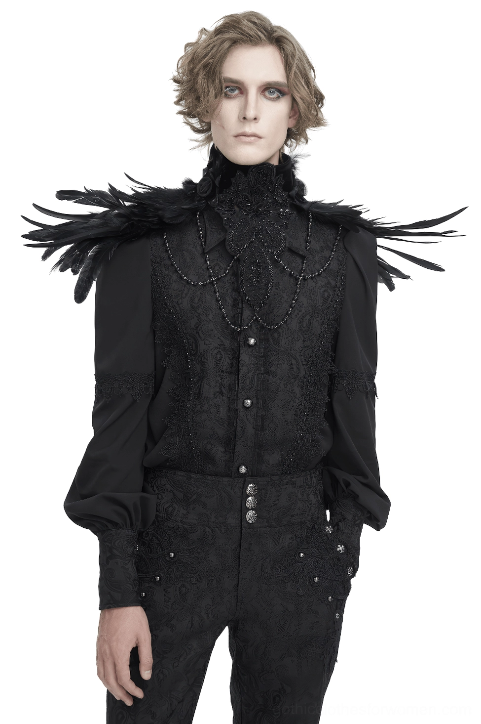 Black gothic beaded feather choker collar front view on male model wearing dark suit, featuring intricate bead chains and feather shoulder details against white background