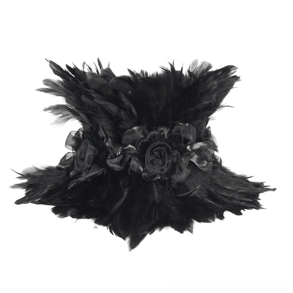 Black gothic feather choker with fabric rose trim, front flat lay product shot