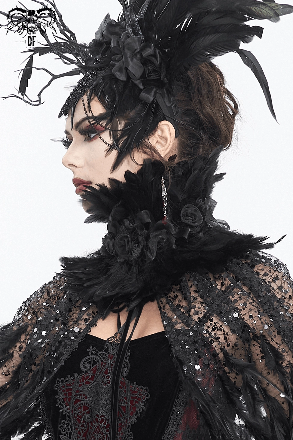 Black gothic feather choker full product view with delicate lace and flower accents