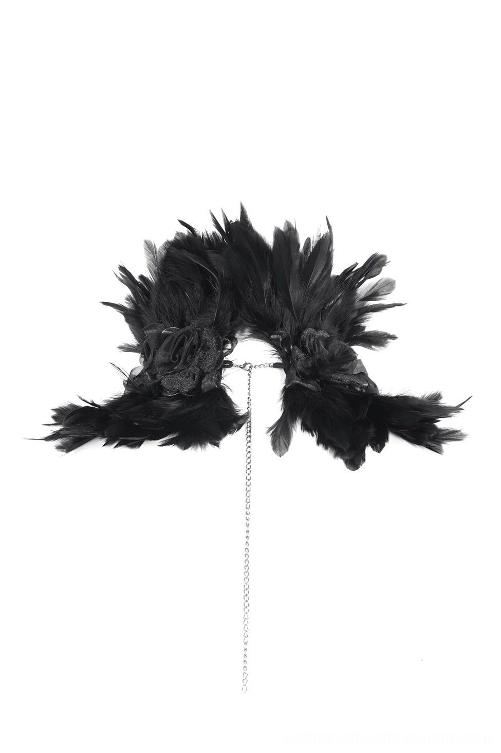Dual panel black feather choker with hanging metal chain, gothic accessory flat lay