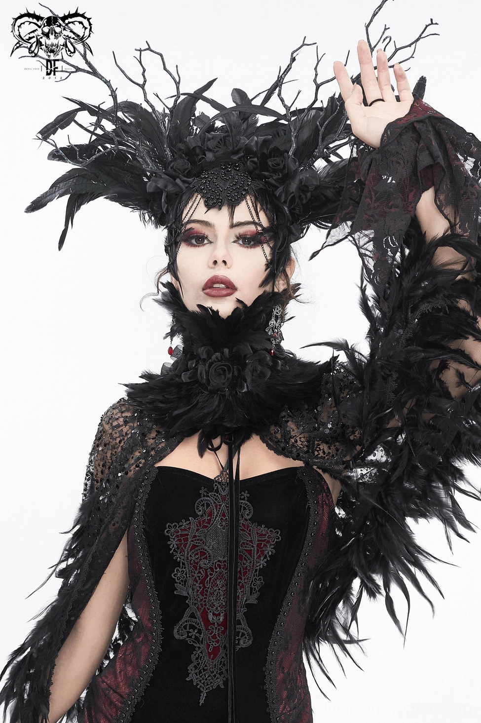 Gothic black feather choker styled on model, alternative fashion accessory display