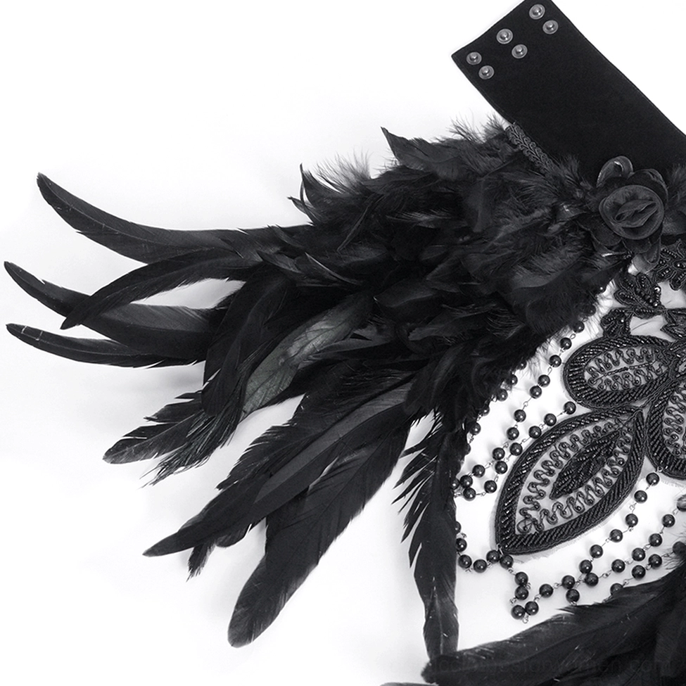 Gothic beaded feather choker styling photo showing complete neckwear piece with beaded chains, lace embroidery, and real feather ornaments on dark background