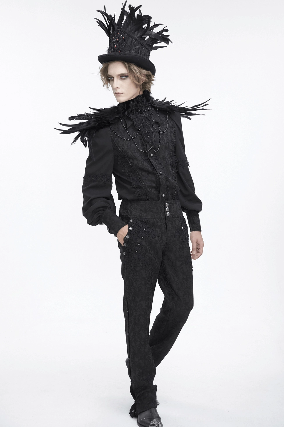 Gothic feather beaded choker collar texture detail showing delicate feather ornaments, bead embellishments, and black fabric surface finish