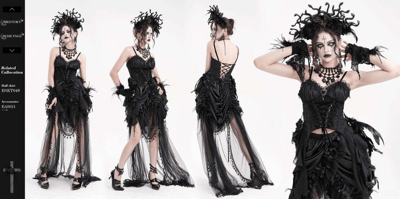 Gothic feather corset top with complete view of front lace-up and decorative hem elements