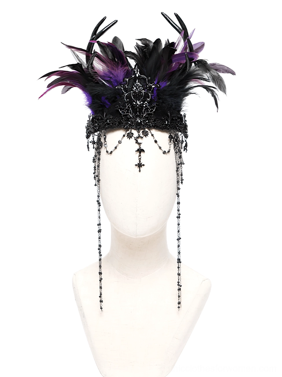 Mannequin head display of gothic feathered crown with central cross chain tassel pendant, minimalist front view
