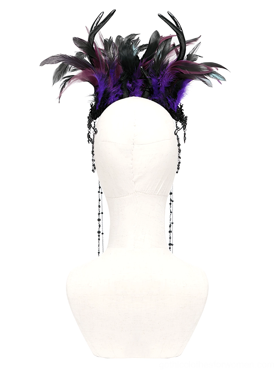 Rear view of black-purple feathered gothic headpiece on mannequin showing back hanging chains and compact crown design