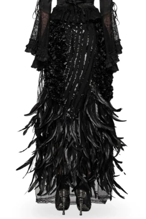 Gothic feathered skirt back view showing sequined panels and cascading feather hem detail