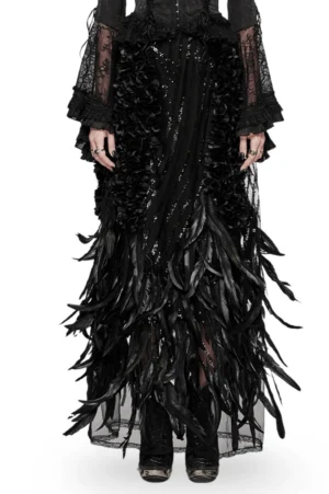 Black feathered gothic A-line skirt front view with beaded rose appliqués and feather hem on model