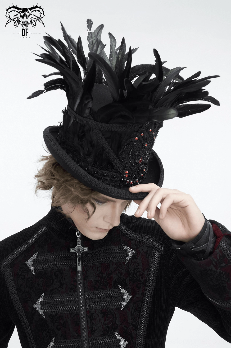 Black feathered top hat alternative fashion styling with dark aesthetic ensemble