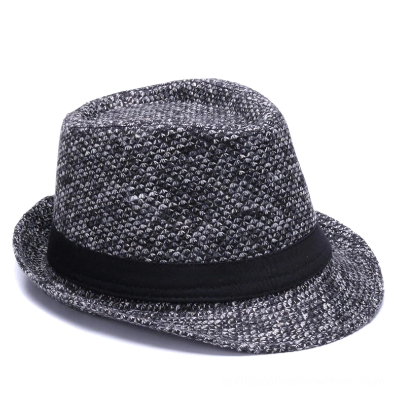 Gothic fedora hat back view displaying wool fabric depth and black ribbon band finishing detail