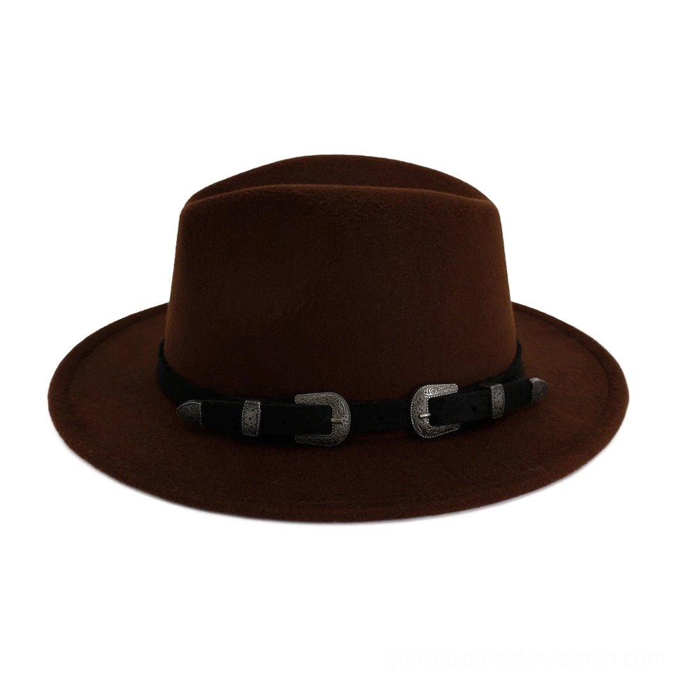 Gothic fedora hat back view showing leather belt attachment and felt texture quality