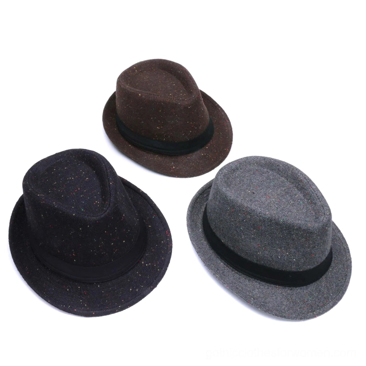 Complete collection of three gothic fedora hats in classic silhouette with black ribbon trim