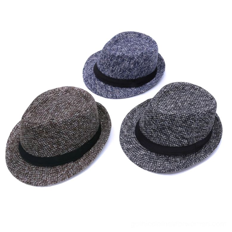 Three gothic fedora hats in black, navy, and brown colors arranged overhead view showing all color options