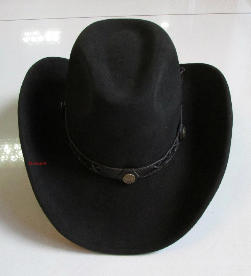 Front three-quarter view of black gothic felt fedora with braided leather band, metal studs, and dramatic brim perfect for rave and gothic events