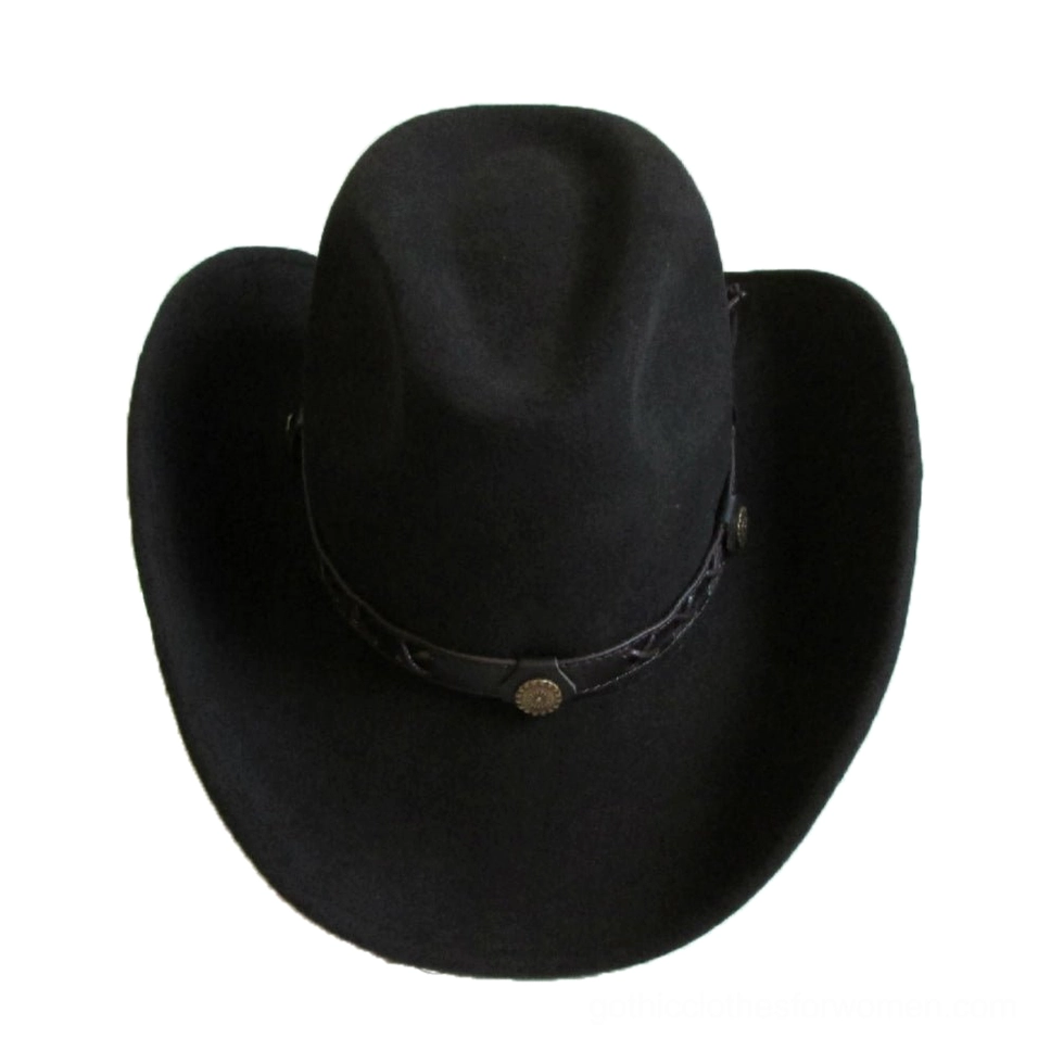 Gothic fedora front view featuring smooth black felt, metal-accented leather hat band, and dramatic dark fashion aesthetic for alternative wear
